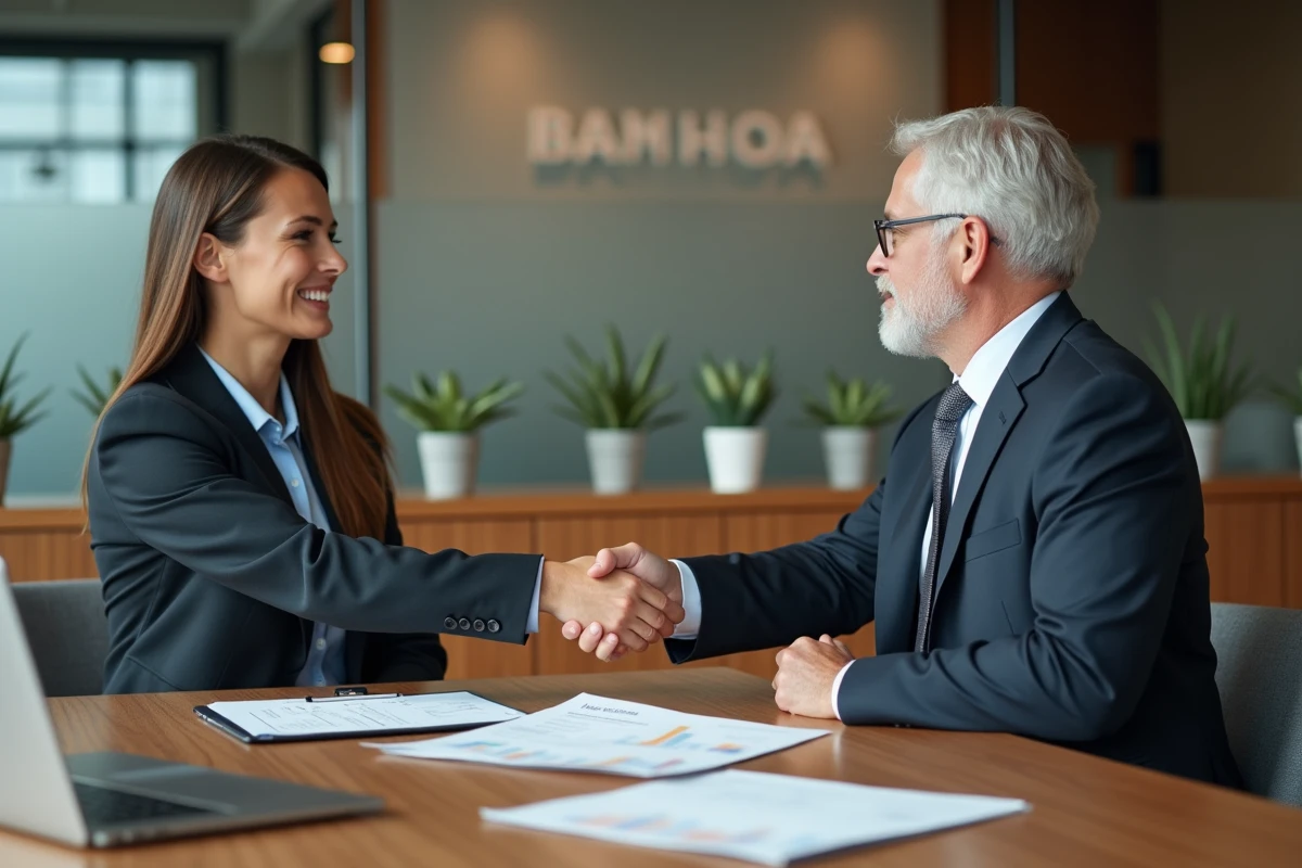 Conseillère bancaire et promoteur immobilier signant un accord de financement dans une salle de réunion professionnelle