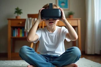 Jeune adolescent tenant un casque de réalité virtuelle dans sa chambre, illustrant les restrictions d'âge pour l'utilisation de la VR