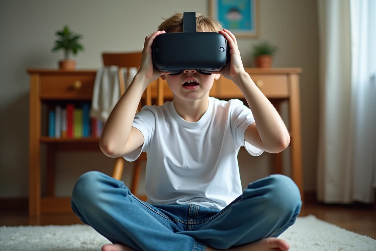 Jeune adolescent tenant un casque de réalité virtuelle dans sa chambre, illustrant les restrictions d'âge pour l'utilisation de la VR