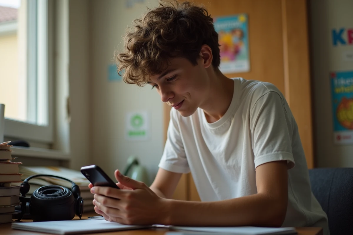 Adolescent dans sa chambre consultant son smartphone, illustrant l'utilisation de l'argot jeune en messagerie