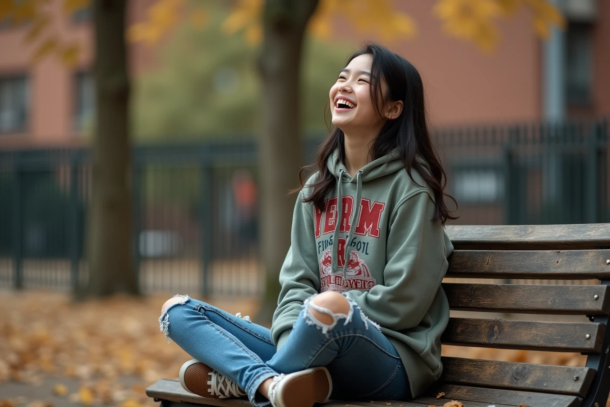 Adolescente riant dans un parc urbain en automne, illustrant le langage familier des jeunes