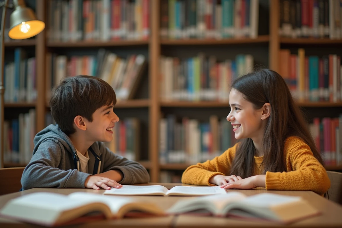 Deux adolescents dans une bibliothèque testant pourquoi leurs mains ne traversent pas la table, expression de curiosité scientifique