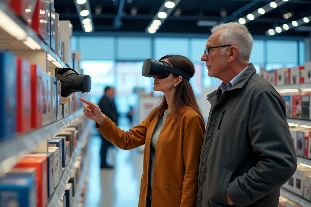 Deux adultes dans un magasin d'électronique observant l'étiquette d'avertissement d'âge sur un casque de réalité virtuelle