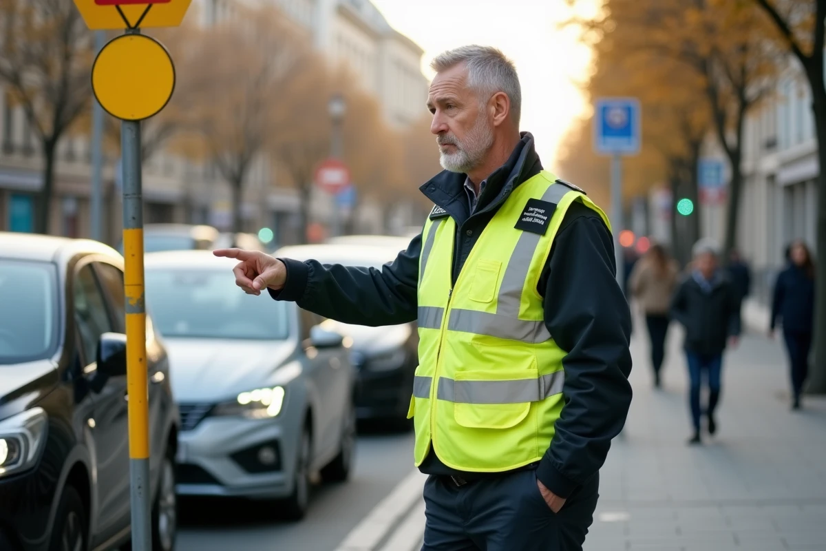 Agent de circulation indiquant une zone jaune de stationnement interdit en ville