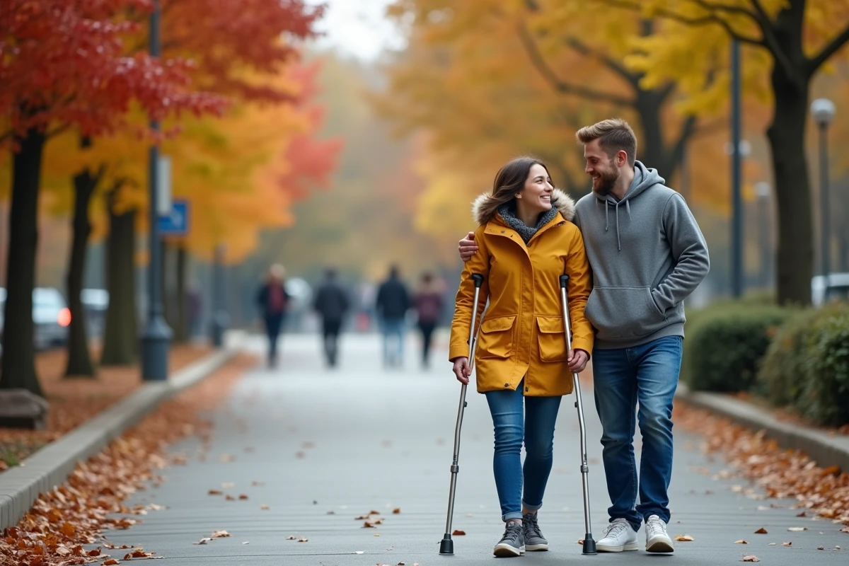 Deux amis dont une femme en situation de handicap marchant ensemble sur un chemin accessible dans un parc urbain en automne