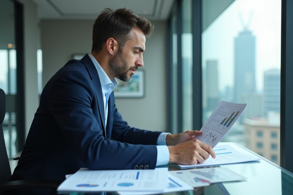 Homme d'affaires analysant des actifs financiers sur des documents boursiers dans un bureau moderne