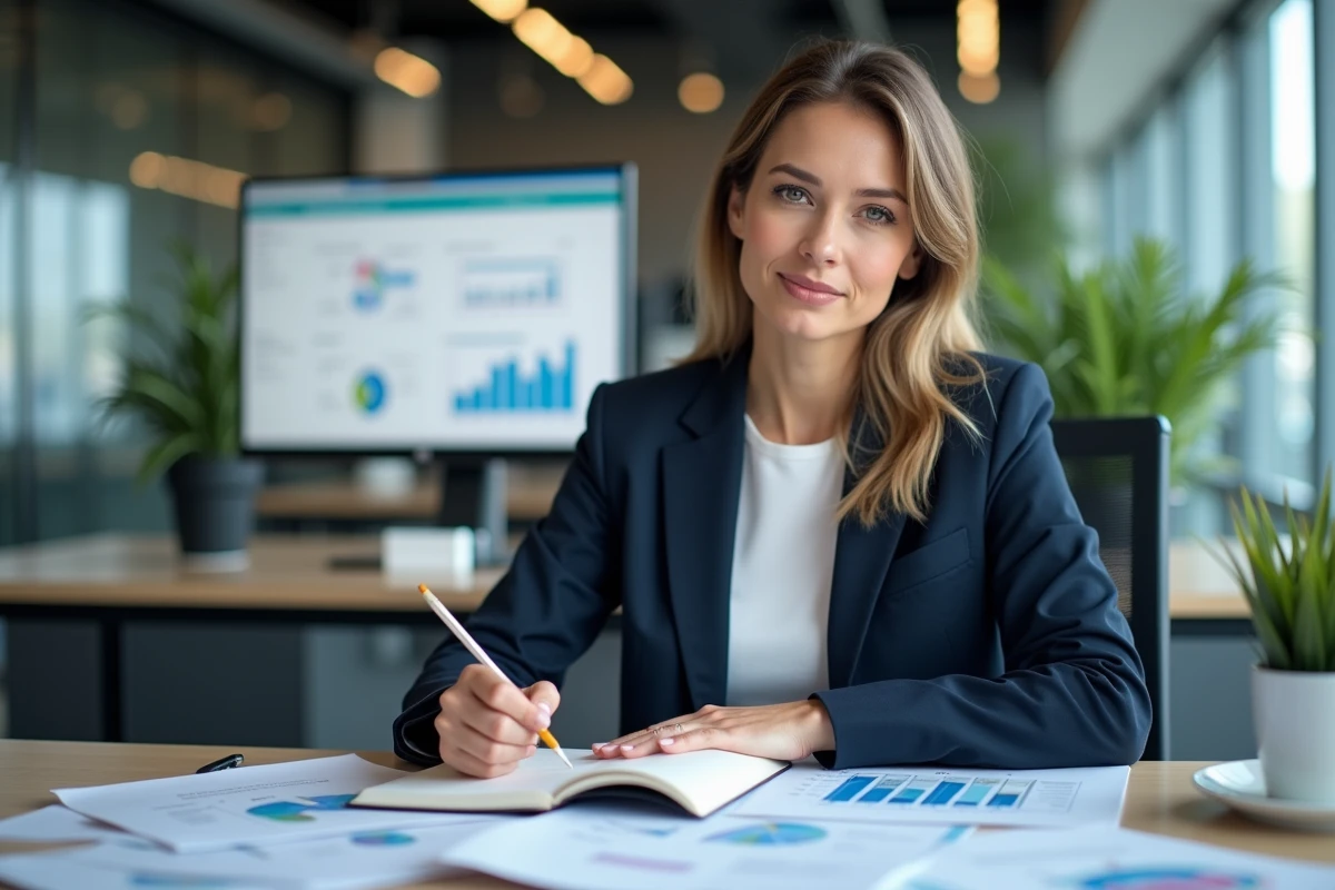 Femme analyste examinant des graphiques de mesure de productivité dans un bureau moderne