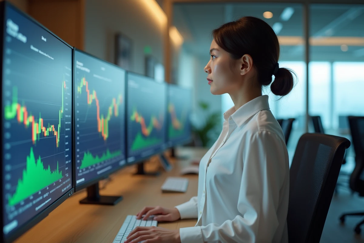 Analyste financière debout devant un écran de trading affichant des graphiques d'actifs financiers
