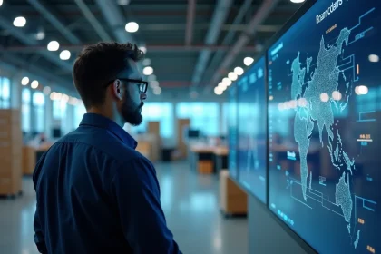 Analyste logistique consultant un tableau de bord blockchain de gestion de chaîne d'approvisionnement dans un centre d'opérations moderne