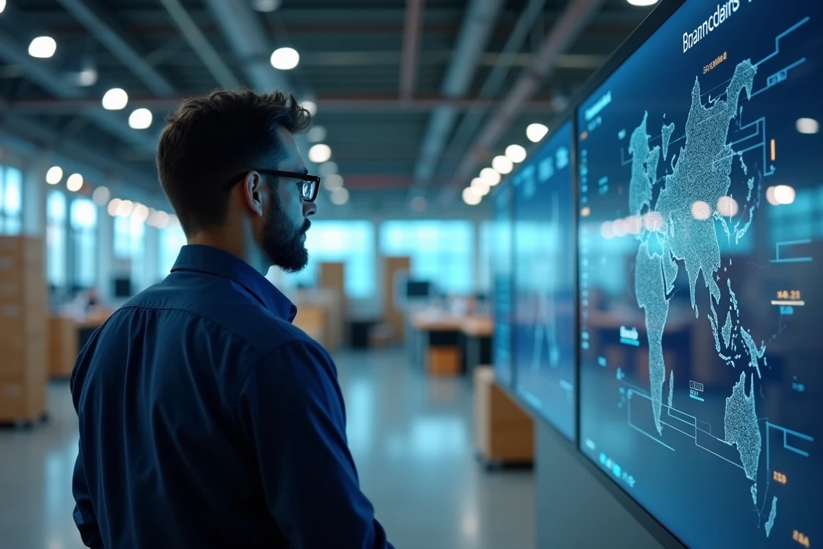 Analyste logistique consultant un tableau de bord blockchain de gestion de chaîne d'approvisionnement dans un centre d'opérations moderne