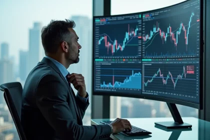 Un analyste financier face à des graphiques boursiers en baisse sur grand écran, illustrant l'incertitude de l'avenir de la finance