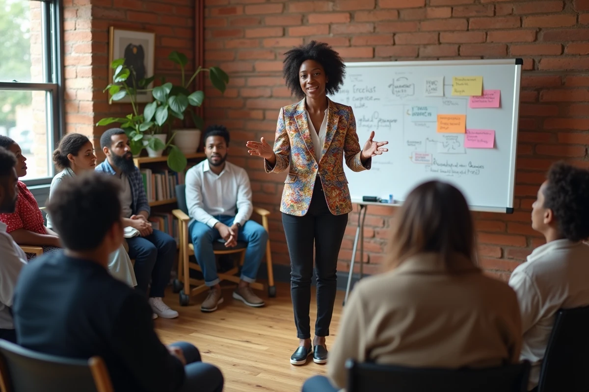Femme animatrice en blazer coloré menant un atelier communautaire sur l'inclusion devant un public diversifié dans une salle aux murs en briques