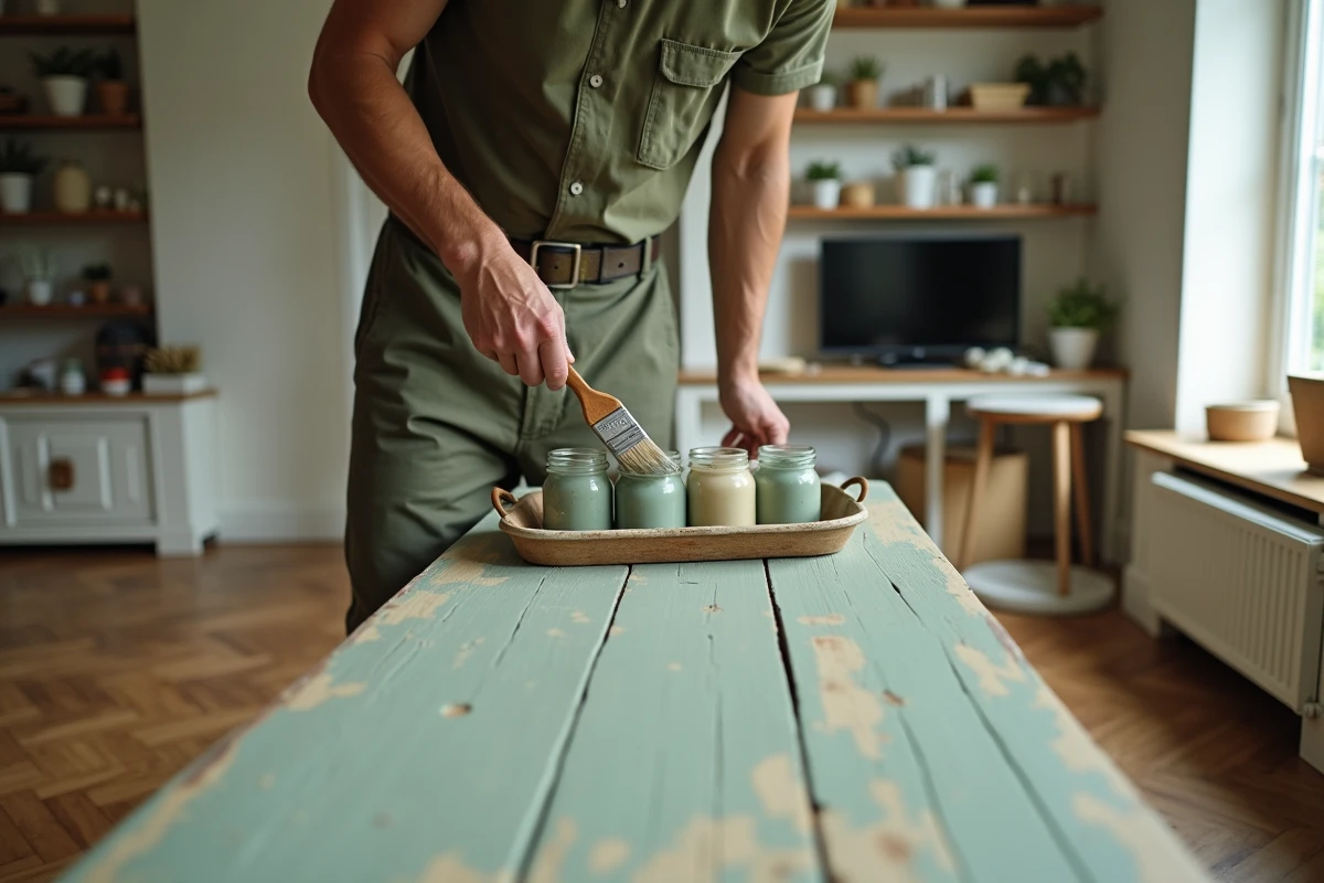 Homme appliquant de la peinture artisanale sur un meuble en bois dans un intérieur domestique