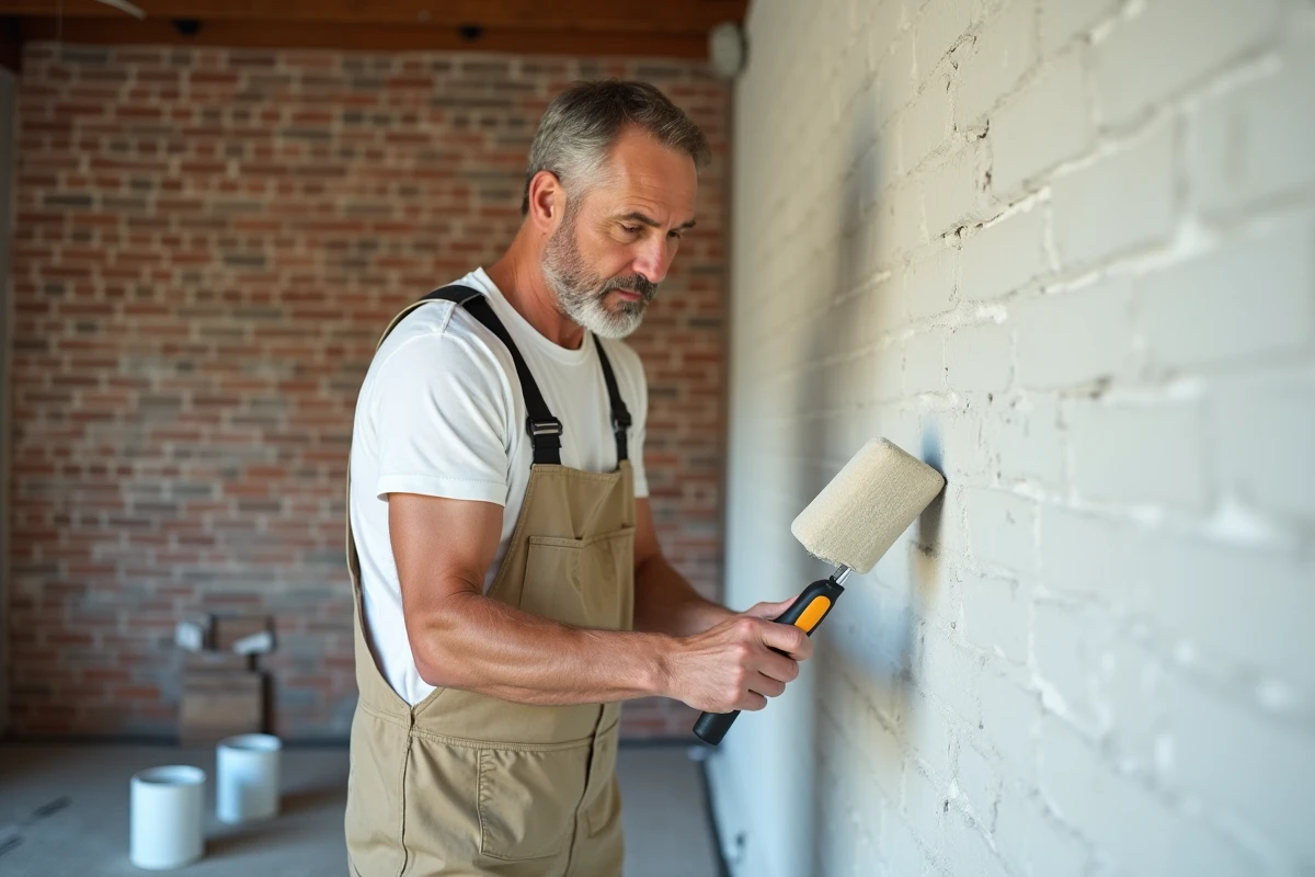 Artisan appliquant de la peinture isolante thermique sur un mur en brique lors d'une rénovation intérieure