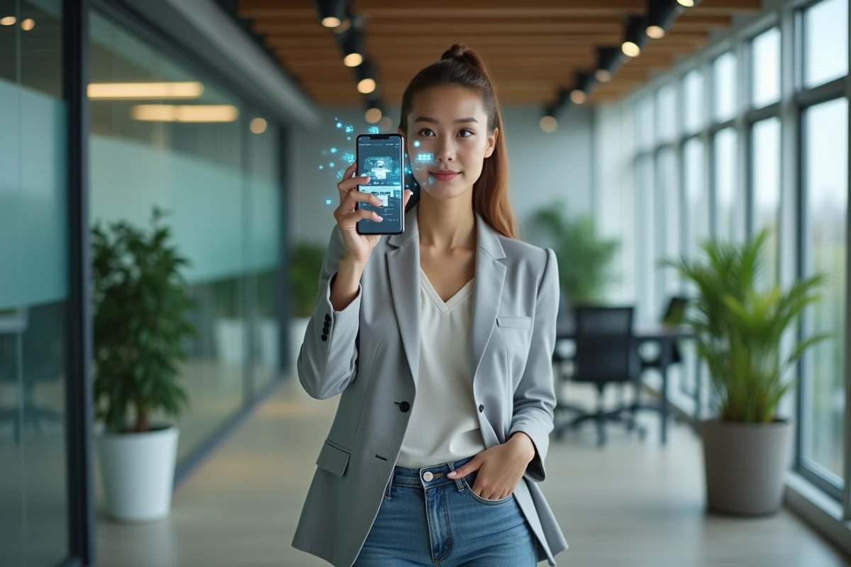 Femme utilisant une application de réalité augmentée sur smartphone dans un bureau moderne