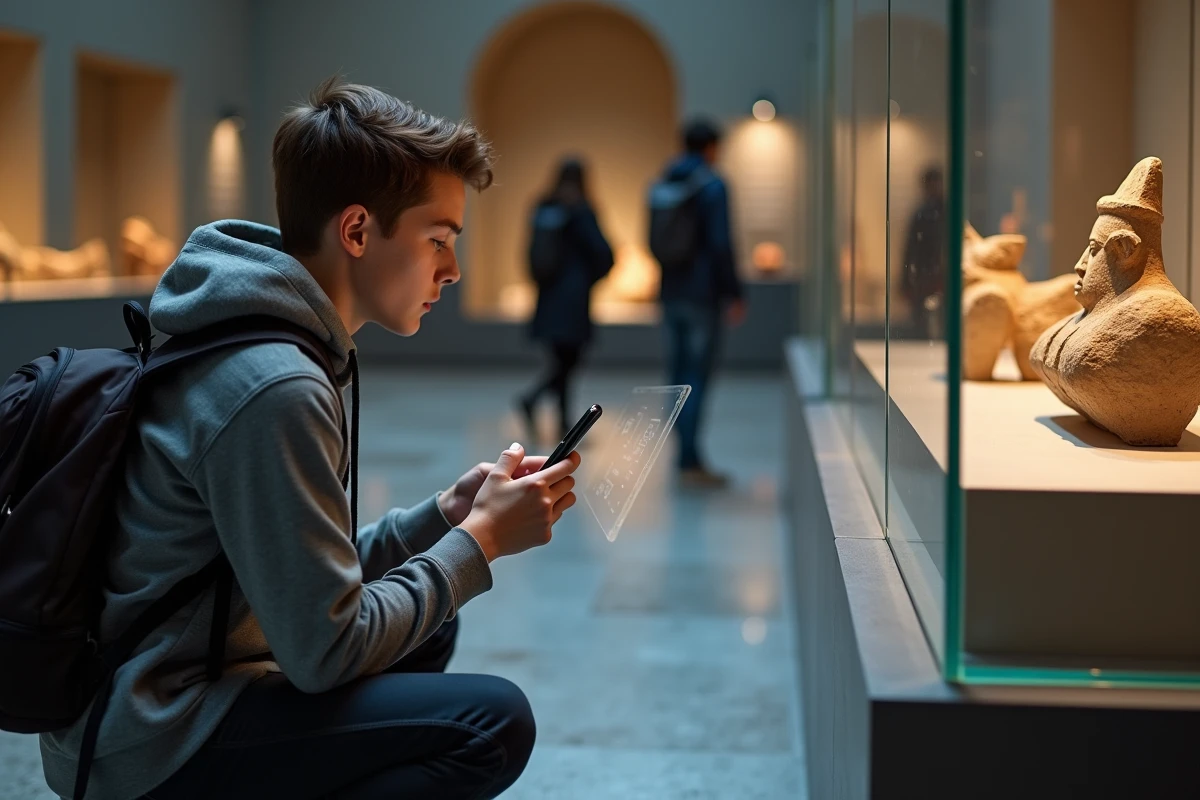 Étudiant utilisant une application de réalité augmentée pour explorer un musée