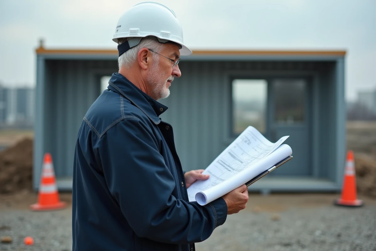Architecte consultant des plans devant un bâtiment provisoire exempté de DPE sur un chantier