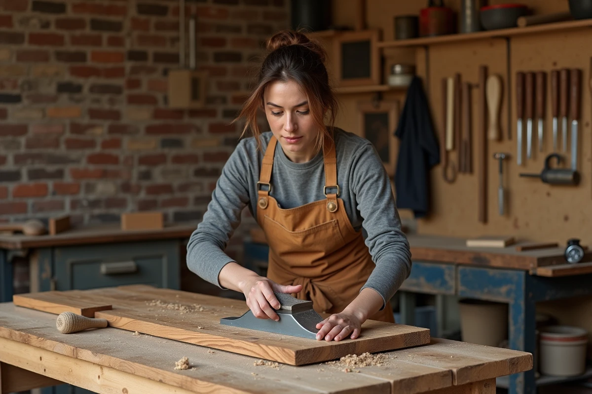Artisane menuisière travaillant le bois à la main dans un atelier artisanal