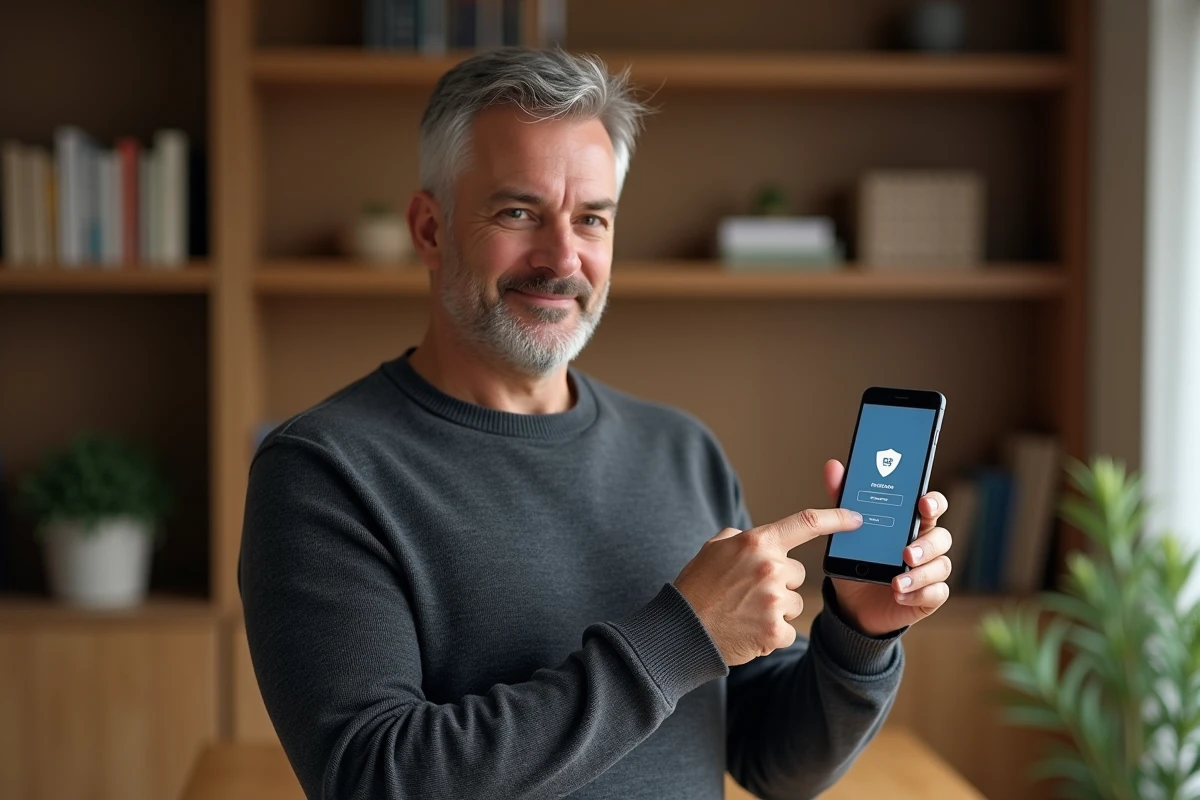 Homme utilisant l'authentification à deux facteurs sur smartphone pour protéger ses données personnelles