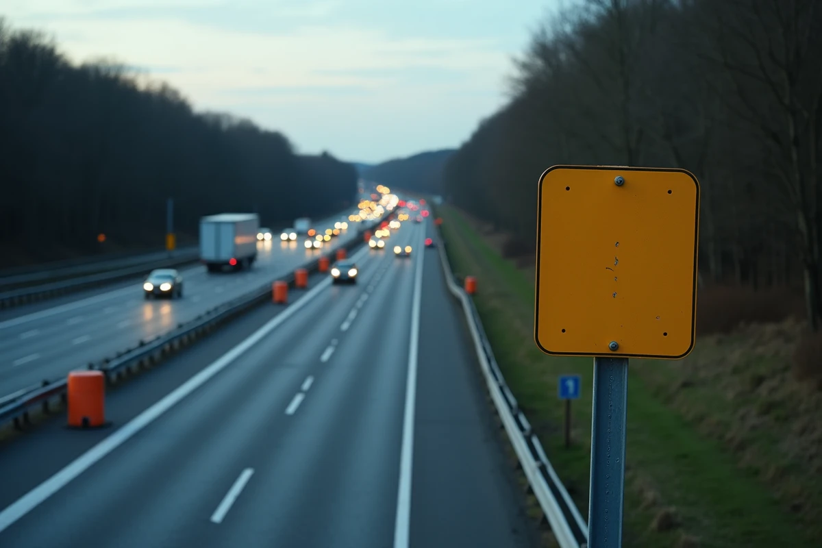 Tronçon d'autoroute française très fréquenté avec signalisation de danger et traces de freinage sur l'asphalte