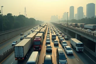 Autoroute urbaine encombrée avec embouteillages et émissions de CO2 illustrant l'impact des transports sur l'environnement