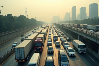 Autoroute urbaine encombrée avec embouteillages et émissions de CO2 illustrant l'impact des transports sur l'environnement