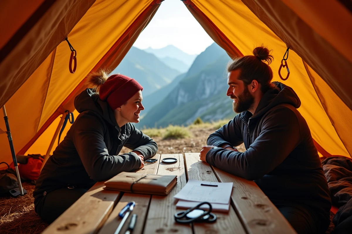 Deux aventuriers planifiant un itinéraire autour d'une boussole et d'un carnet de terrain dans une tente de base camp en montagne