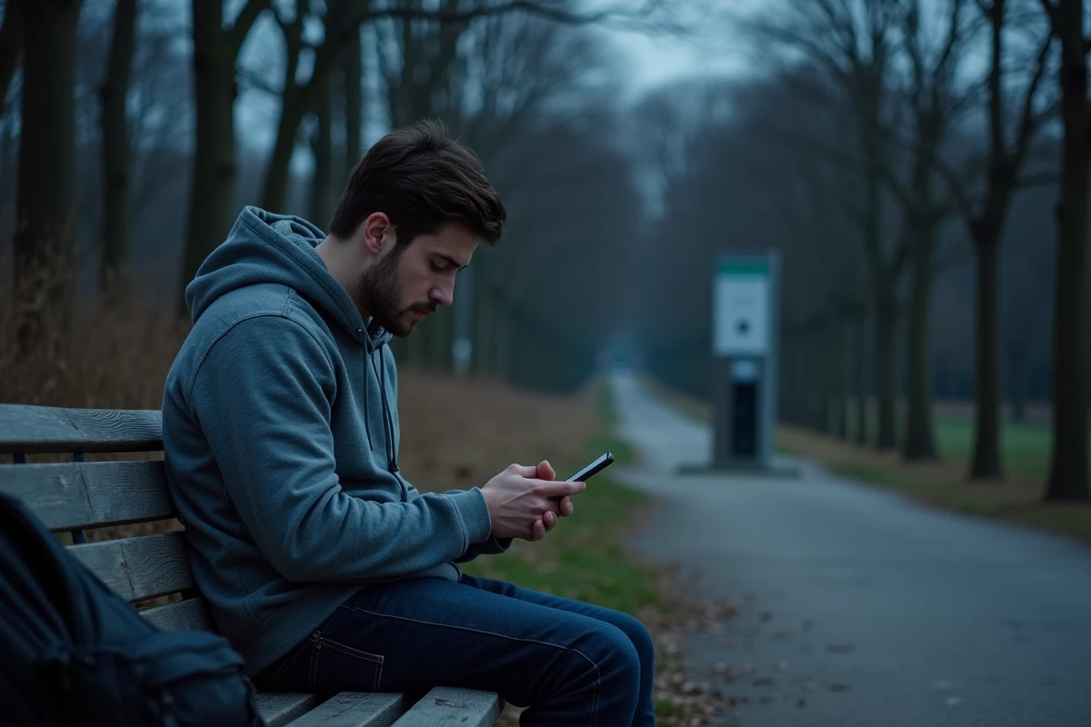 Jeune homme assis seul sur un banc du Bois de Boulogne au crépuscule, atmosphère de solitude urbaine illustrant les préoccupations de sécurité dans le parc la nuit