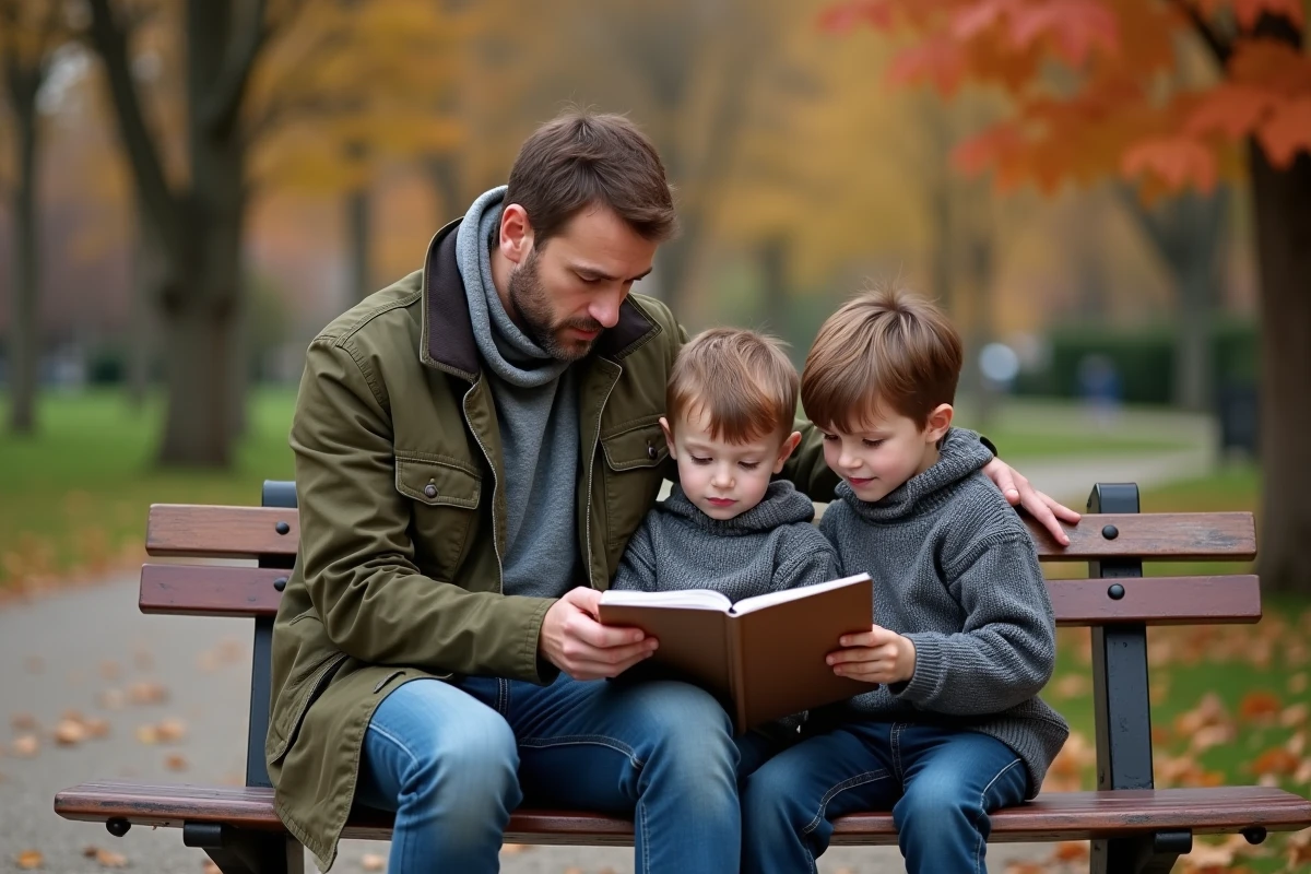 Beau-père et enfants dans un parc en automne, moment de complicité naissante entre un homme et ses beaux-enfants sur un banc