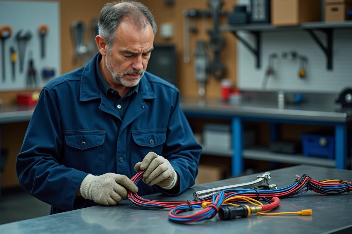 Technicien automobile inspectant un brin de câbles électriques dans un atelier professionnel