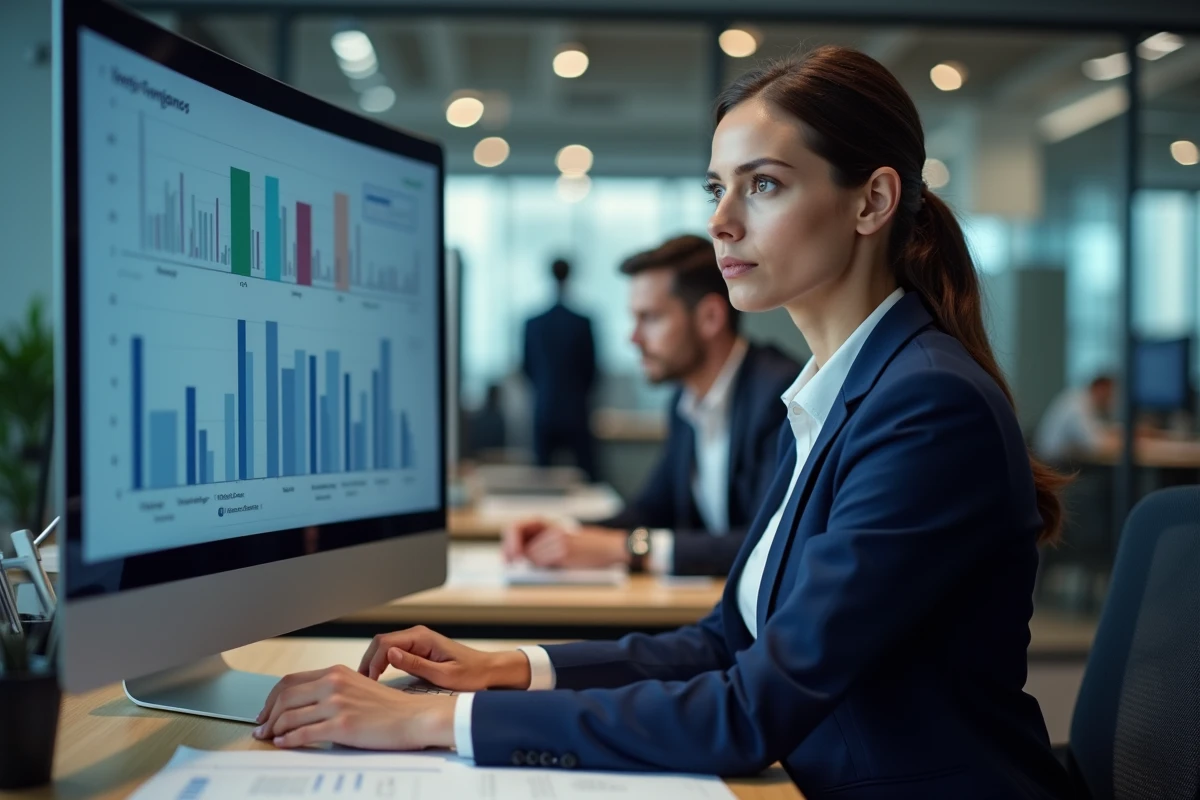 Business analyst femme analysant des données sur un écran dans un bureau moderne