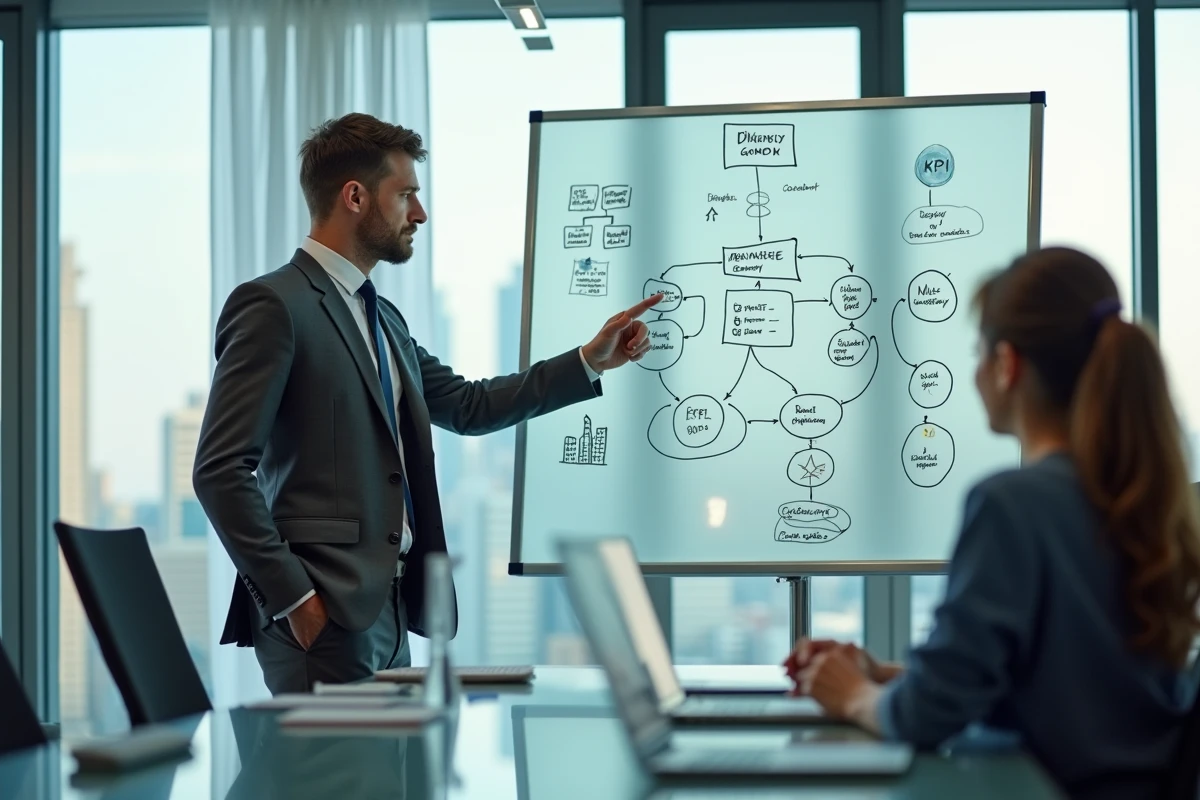 Business analyst homme présentant des indicateurs de performance devant un tableau blanc en réunion