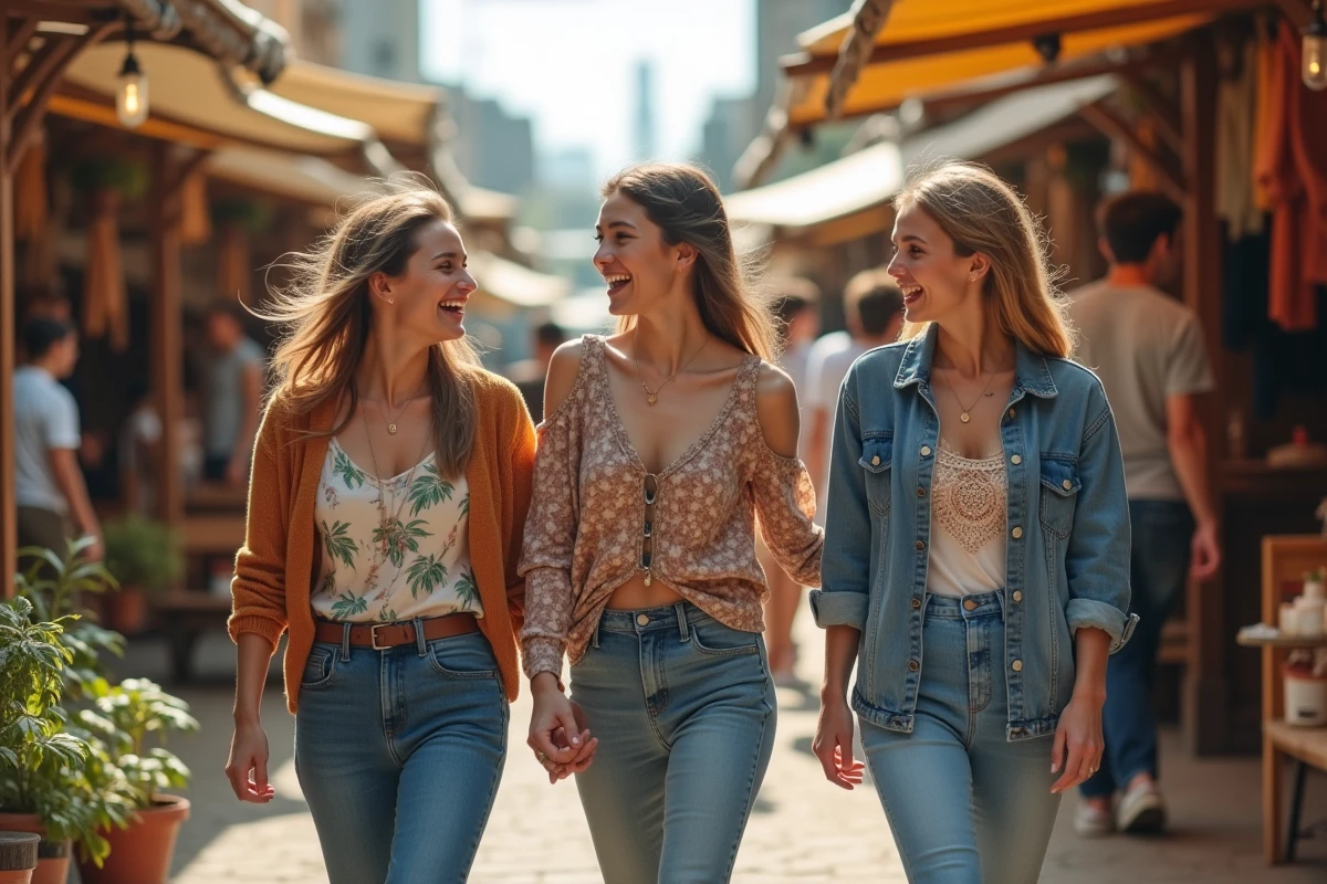 Groupe d'amis aux styles vestimentaires variés dans un marché en plein air, illustrant la mode comme moyen d'expression identitaire et sociale