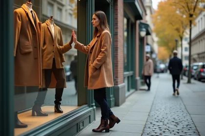 Femme élégante devant une vitrine de mode en ville, illustrant le rôle de la mode dans l'expression personnelle et le style de vie