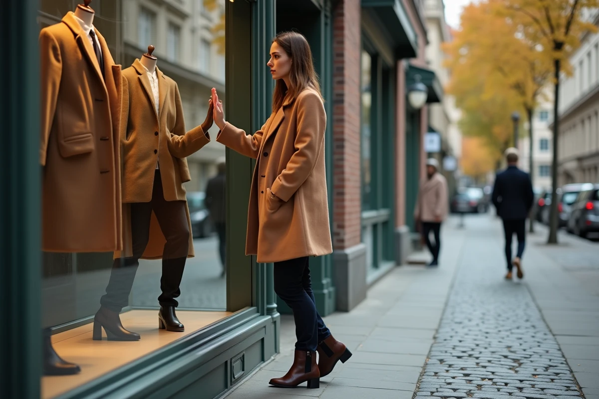 Femme élégante devant une vitrine de mode en ville, illustrant le rôle de la mode dans l'expression personnelle et le style de vie