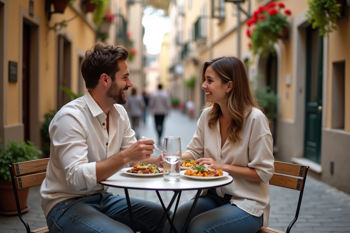 Couple profitant d'un repas dans un café en terrasse d'une ville d'Europe bon marché avec des plats locaux abordables