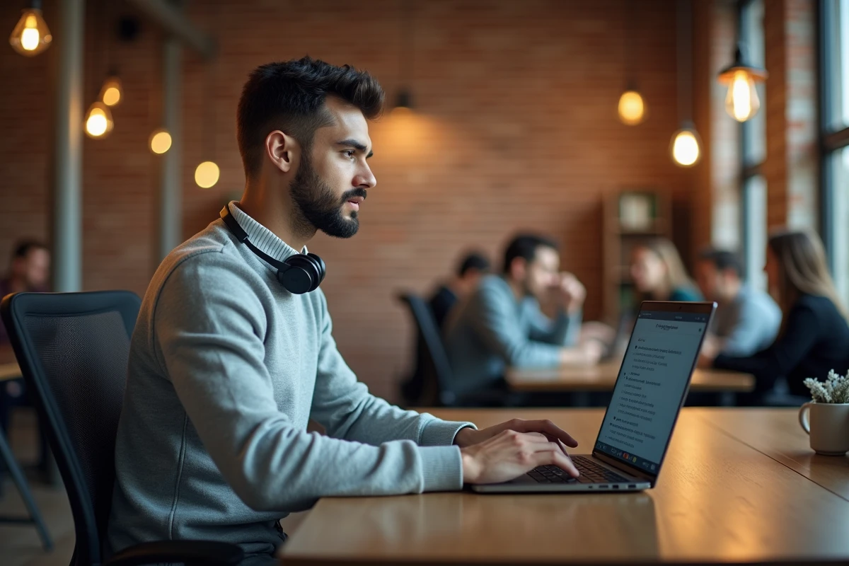 Jeune candidat passant un entretien d'embauche automatisé par intelligence artificielle sur ordinateur portable dans un espace de coworking