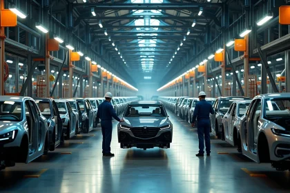 Chaîne de montage automobile dans une grande usine américaine avec des bras robotiques et des travailleurs en combinaison de sécurité