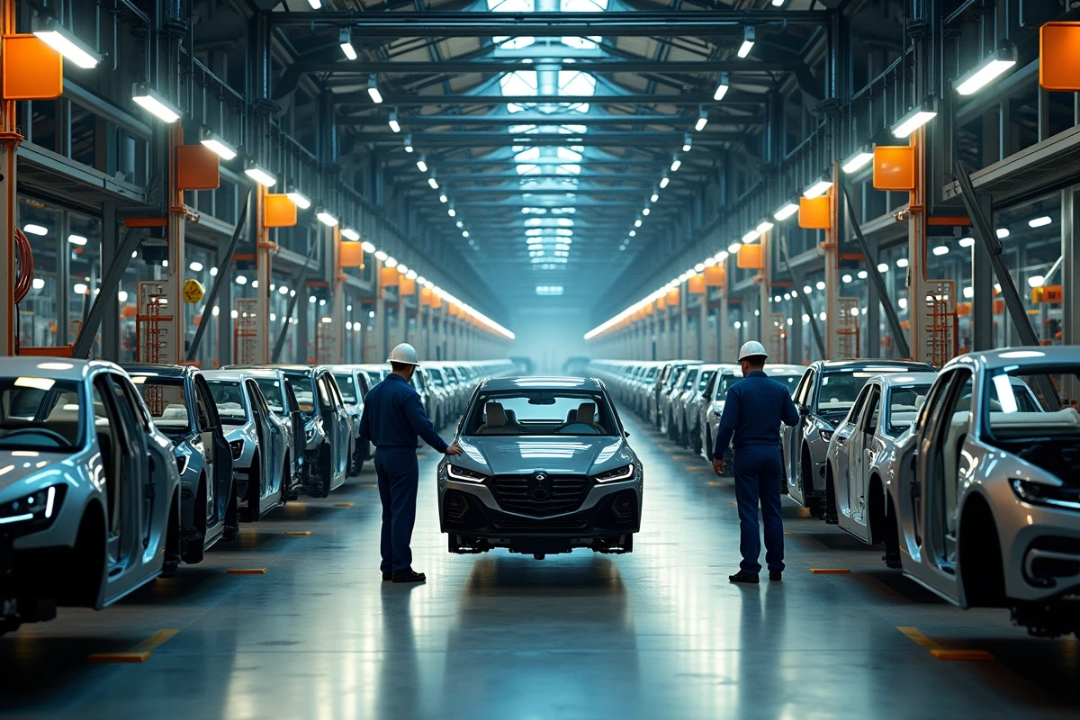 Chaîne de montage automobile dans une grande usine américaine avec des bras robotiques et des travailleurs en combinaison de sécurité