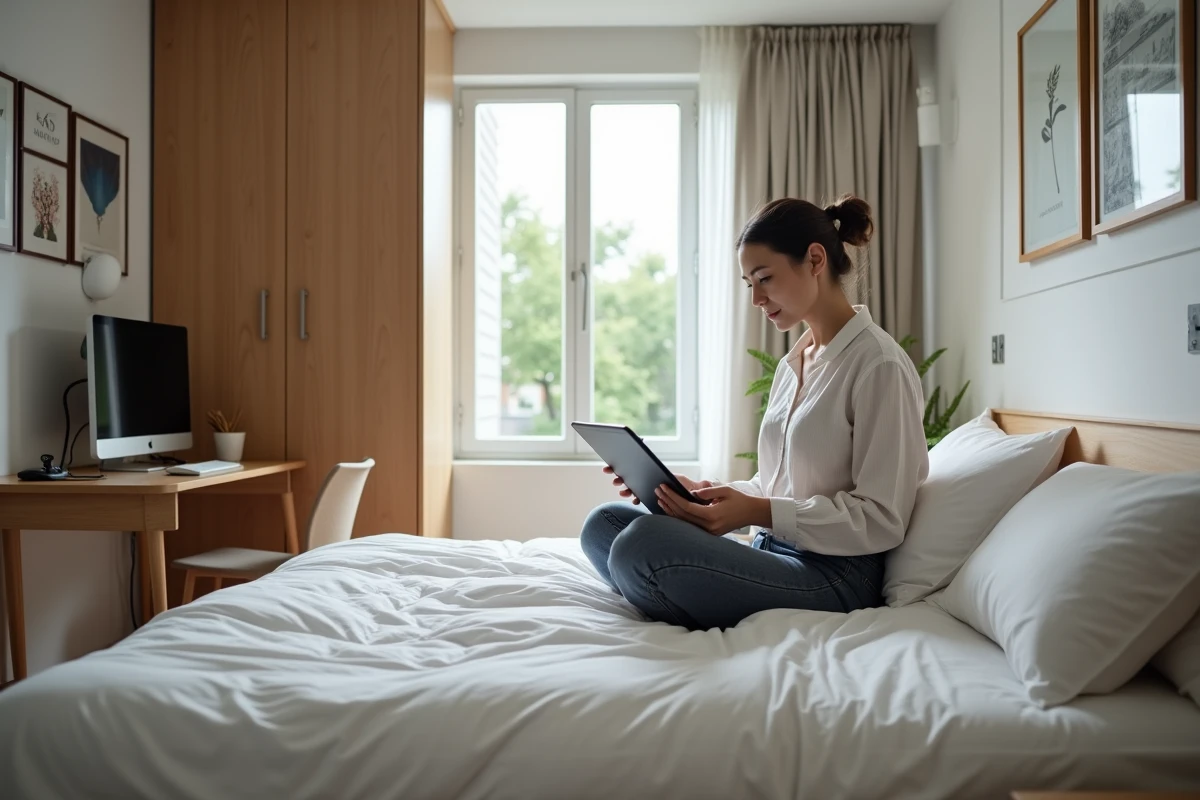 Jeune femme professionnelle dans sa chambre privée aménagée au sein d'une résidence en coliving