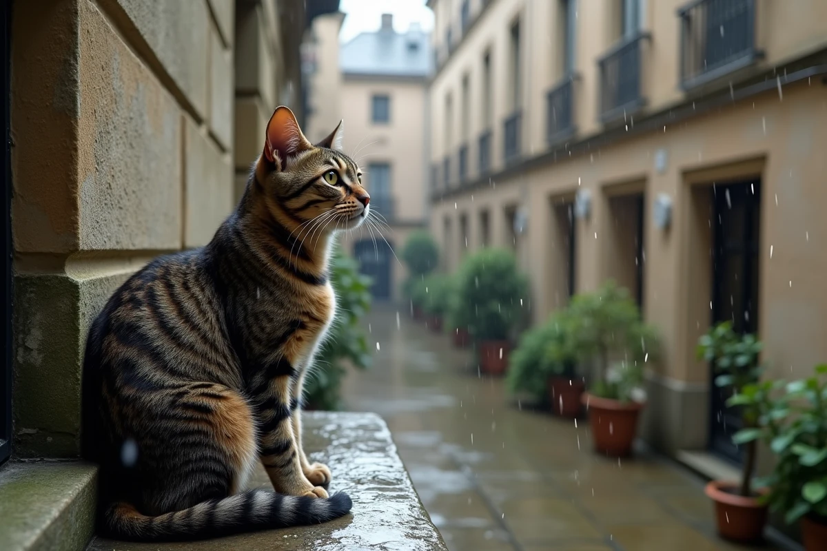 Un chat tigré assis sur un rebord en pierre observe la pluie tomber dans une cour intérieure urbaine