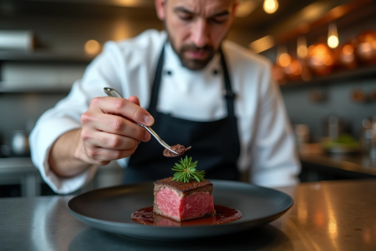 Chef cuisinier dressant un plat de bœuf dans une cuisine de restaurant gastronomique