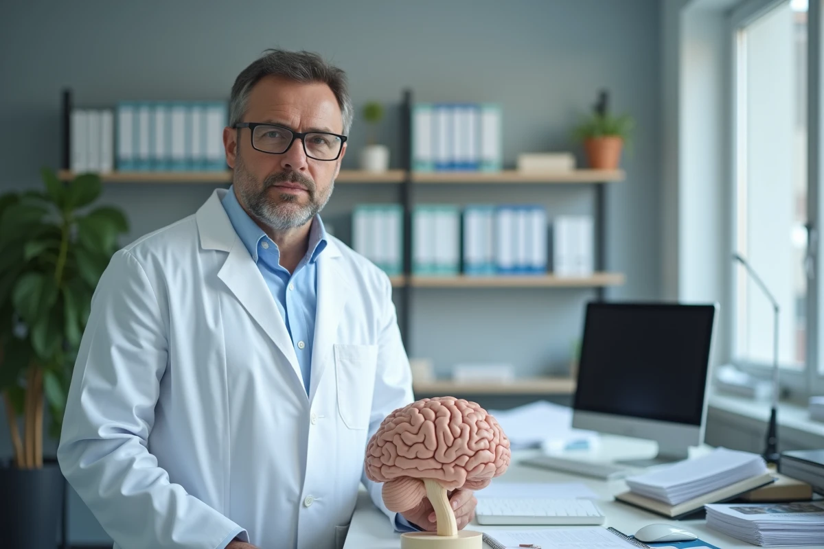 Chercheur en blouse blanche étudiant un modèle anatomique du cerveau humain lié à la régulation de l'humeur