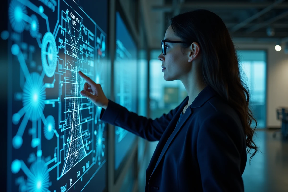 Chercheuse expliquant les avantages de l'informatique quantique devant un écran interactif