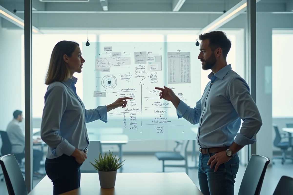 Deux collègues analysant un business plan généré par IA sur un tableau blanc en salle de réunion