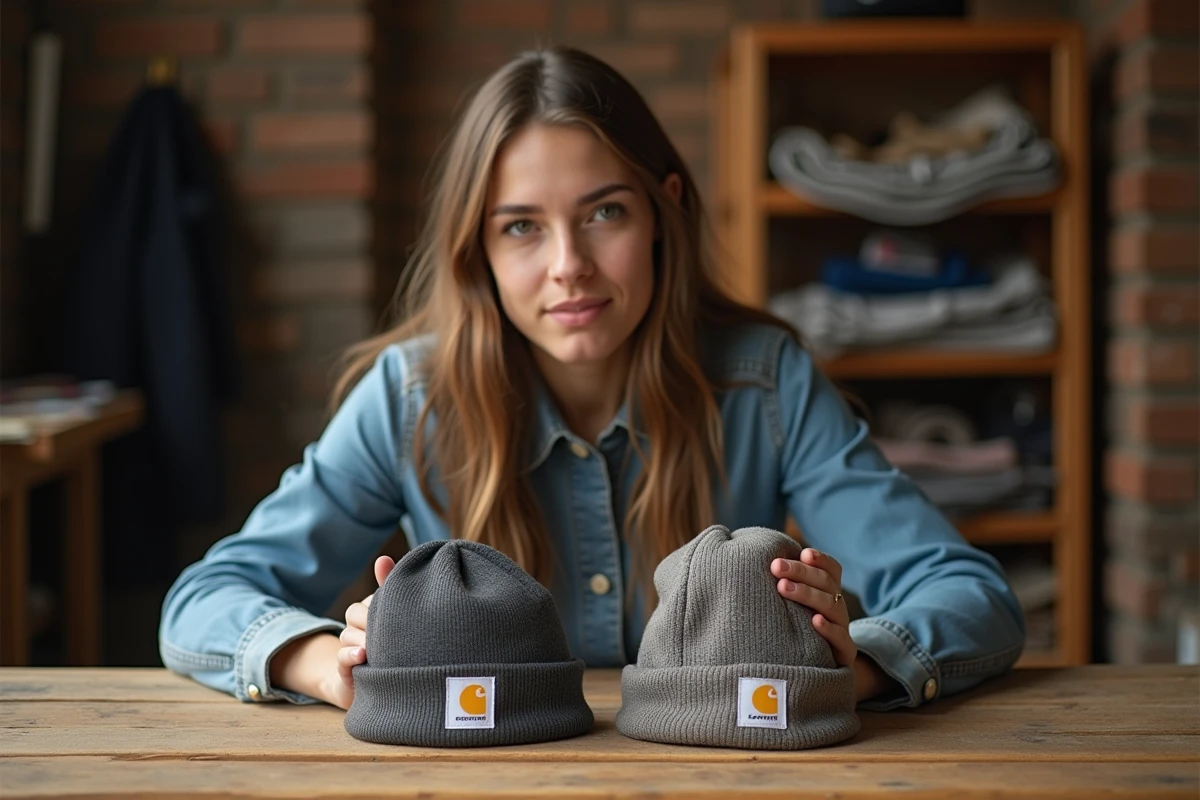 Femme comparant un bonnet Carhartt authentique et une contrefaçon sur une table en bois
