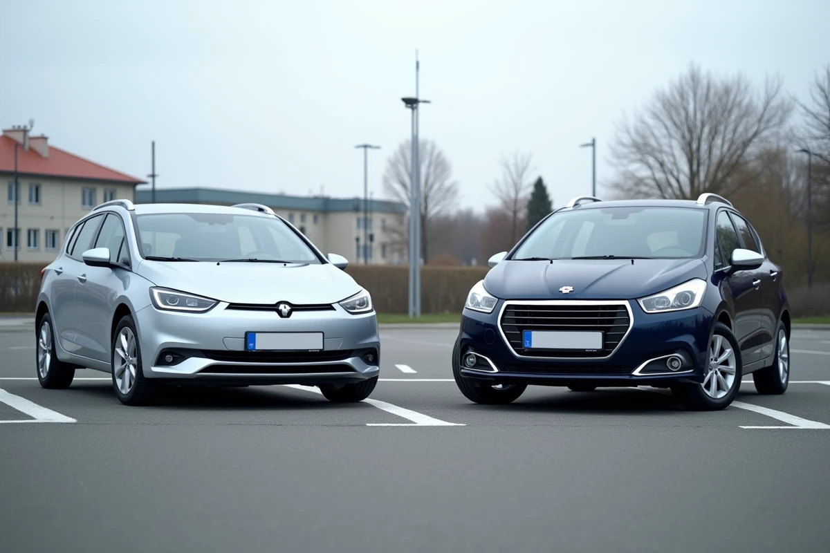 Comparaison côte à côte d'une voiture hybride classique et d'une full hybride dans un parking urbain extérieur