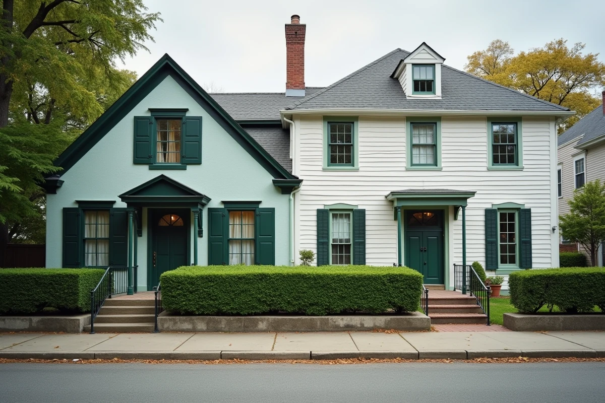 Comparaison côte à côte d'une maison française avec volets en bois vert et d'une maison américaine sans volets aux fenêtres nues