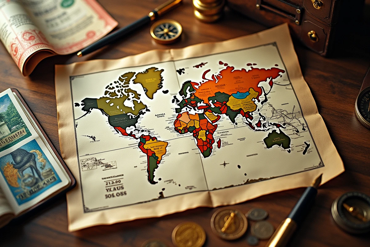 Vue aérienne d'une composition éditoriale représentant la finance mondiale avec carte et monnaies