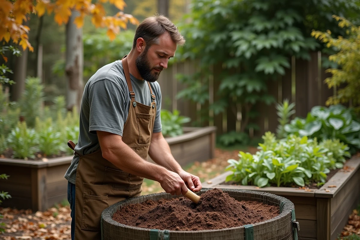 Homme gérant un composteur dans un jardin potager, représentant la cinquième règle du concept 5R : rendre à la nature les déchets organiques